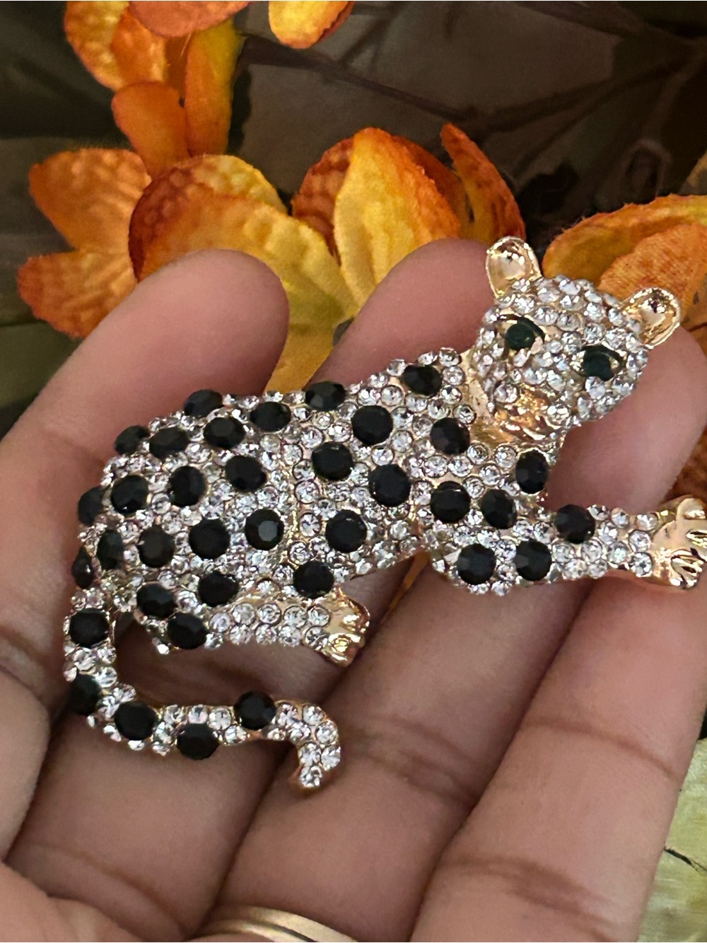 Crystal Leopard Brooch with Black and Clear Stones